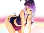  all_fours aoi_mug ass between_breasts braid breasts bunny_tail fur hat large_breasts lipstick long_hair makeup miniskirt nipples orange_eyes purple_hair skirt smile solo sweat tail thong twin_braids 