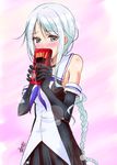  blue_eyes blush braid commentary_request elbow_gloves food gloves kantai_collection long_hair mikage_takashi pocky pocky_day silver_hair single_braid solo umikaze_(kantai_collection) 