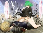  3boys bang_(one-punch_man) black_dress blonde_hair breasts clenched_teeth clothed_sex colored_pubic_hair covered_navel covered_nipples cowgirl_position cum cum_in_pussy curly_hair cyborg damaged dress femdom genos green_eyes green_hair hetero looking_down medium_breasts morokoshitaroh multiple_boys nude one-punch_man penis pubic_hair puri_puri_prisoner ruins sex short_hair space_craft speed_lines straddling tatsumaki teeth top-down_bottom-up translation_request 