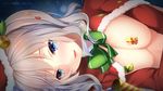  blue_eyes blush breasts breasts_outside christmas commentary_request hat highres kantai_collection kashima_(kantai_collection) long_hair looking_at_viewer lying medium_breasts on_side open_mouth pasties santa_costume santa_hat sidelocks silver_hair smile solo tsurime twintails wavy_hair youqiniang 