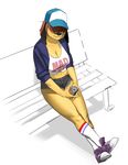  animal_ears bare_legs bench borrowed_character breasts brown_hair can cleavage cropped_jacket crossed_ankles cutoffs dog_ears full_body furry hair_over_eyes kneehighs large_breasts looking_at_viewer midriff original pomki sam_(colo) shoes short_hair short_shorts shorts sitting sneakers snout soda_can solo yellow_skin 
