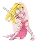  1girl armor bandage bandages blonde_hair blue_eyes braid crown dress earrings elbow_gloves exor fingerless_gloves gloves high_ponytail highres jewelry lips long_hair mario_(series) pelvic_curtain pink_dress ponytail princess_peach ribbon simple_background skirtzzz skull solo super_mario_bros. super_mario_rpg sword thighhighs torn_clothes weapon 