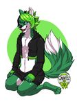  anthro canine clothed clothing eyewear fangs glasses green_background half-closed_eyes inner_ear_fluff kneeling looking_at_viewer male mammal open_mouth quartzz simple_background solo teeth tongue white_background 