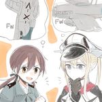  :d blonde_hair blue_eyes brown_eyes brown_hair chin_grab country_connection crossover fw_190 gertrud_barkhorn gloves graf_zeppelin_(kantai_collection) hat itomugi-kun kantai_collection lowres multiple_girls open_mouth orange_background pale_skin ribbon simple_background smile strike_witches striker_unit thought_bubble twintails v-shaped_eyebrows world_witches_series 