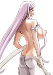  774_(nanashi) arm_strap ass back breasts brown_eyes from_behind huge_breasts katana long_hair nipples puffy_nipples purple_hair sagiri_yuuko simple_background smile solo sword topless triage_x unsheathed very_long_hair weapon white_background 
