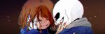  androgynous black_sclera blood blood_from_mouth bone brown_hair closed_eyes crying face frisk_(undertale) hand_on_another's_face hood hoodie long_sleeves onieon sans skeleton skull smile tears undertale upper_body 