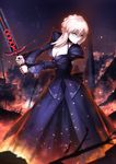  alternate_breast_size artoria_pendragon_(all) bad_id bad_pixiv_id black_dress blonde_hair breasts cleavage dark_excalibur dress fate/grand_order fate/stay_night fate_(series) highres kxxxxxxxxxxx medium_breasts saber_alter solo sword weapon yellow_eyes 