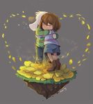  a-wen androgynous artist_name asriel_dreemurr brown_hair closed_eyes disintegration flower frisk_(undertale) full_body furry grass grey_background hair_between_eyes heart hug long_sleeves monster_boy pants petals shirt short_hair shorts simple_background smile spoilers striped striped_shirt sweater tiptoes torn_clothes torn_pants undertale 