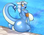  anthro areola blue_hair blush breasts butt dragonair english_text eyewear goggles hair hi_res horn nintendo nipples open_mouth pok&eacute;mon pool_(disambiguation) pussy quin-nsfw sitting solo text tongue video_games water wet yellow_eyes 
