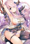  arm_up armpits belt black_gloves black_legwear blue_eyes boots braid breasts bug butterfly demon_horns draph elbow_gloves eyes_visible_through_hair fingerless_gloves gloves granblue_fantasy hair_ornament hair_over_one_eye holding holding_sword holding_weapon horns insect katana large_breasts lavender_hair long_hair looking_at_viewer mismatched_gloves narmaya_(granblue_fantasy) one_knee pointy_ears scabbard sheath sideboob single_braid single_thighhigh solo sword tassel tetsujin_momoko thigh_strap thighhighs unsheathed very_long_hair weapon 