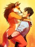  2015 anthro blue_eyes breasts brown_hair canine captain_jack_harkness carrying clothed clothing duo eye_contact female fox fur green_eyes hair hand_on_butt human male mammal nude orange_fur simple_background studiofruke torchwood yellow_background 