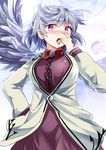  blush bow bowtie breasts brooch coat come_hither commentary dress e.o. finger_in_mouth finger_licking grey_hair half_updo highres jewelry kishin_sagume large_breasts licking looking_at_viewer open_mouth oral_invitation purple_eyes saliva sexually_suggestive short_hair silver_hair single_wing solo tongue tongue_out touhou wings zoom_layer 