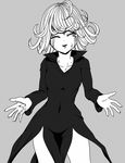  blood blood_on_face bloody_hands closed_eyes cowboy_shot dress greyscale highres monochrome one-punch_man open_mouth smile solo spoilers tatsumaki viperxtr 