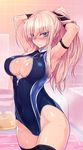  adjusting_hair armpits arms_up bathroom bathtub black_gloves black_legwear blonde_hair blue_eyes blush breasts cleavage cleavage_cutout covered_navel front_zipper_swimsuit gloves hanna-justina_marseille large_breasts long_hair looking_at_viewer meme_attire null_(nyanpyoun) one-piece_swimsuit ponytail solo strike_witches swimsuit thighhighs tying_hair wet world_witches_series zipper 