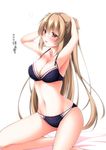 adjusting_hair armpits arms_up bare_shoulders blush bow bow_bra bow_panties bra breasts cleavage hands_in_hair hands_on_own_head kantai_collection kneeling large_breasts light_brown_hair long_hair murasame_(kantai_collection) narukami_ginryuu navel open_mouth panties polka_dot polka_dot_bra polka_dot_panties red_eyes simple_background solo translation_request underwear underwear_only white_background 