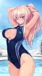  adjusting_hair armpits arms_up blonde_hair blue_eyes blush breasts cleavage cleavage_cutout covered_navel front_zipper_swimsuit hanna-justina_marseille large_breasts long_hair looking_at_viewer meme_attire null_(nyanpyoun) one-piece_swimsuit ponytail pool solo strike_witches swimsuit tying_hair wet world_witches_series 