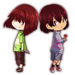  :o androgynous bandaid bandaid_on_knee black_eyes brown_hair chara_(undertale) chibi frisk_(undertale) full_body hair_between_eyes heart holding holding_knife knife looking_at_viewer lowres multiple_others open_mouth parted_lips pocket red_eyes reverse_grip shirt shorts skorua smile spoilers striped striped_shirt striped_sweater sweater transparent_background undertale 