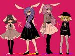  animal_ears bad_id bad_pixiv_id black_dress black_hair blonde_hair blue_hair bunny_ears dress floppy_ears full_body hat high_heels inaba_tewi long_hair looking_at_viewer mary_janes multiple_girls pantyhose pink_background pink_skirt purple_eyes purple_hair red_eyes reisen_udongein_inaba ringo_(touhou) seiran_(touhou) shimana_(cs-ts-az) shoes shorts simple_background skirt thighhighs touhou very_long_hair yellow_eyes 