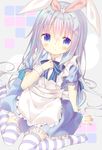  :&lt; apron blue_bow blue_dress blue_eyes blue_neckwear blush bow bowtie dress frilled_apron frills gochuumon_wa_usagi_desu_ka? hair_ribbon kafuu_chino long_hair no_shoes puffy_short_sleeves puffy_sleeves ribbon short_sleeves silver_hair sitting solo striped striped_bow striped_legwear striped_neckwear thighhighs very_long_hair wariza wrist_cuffs yuizaki_kazuya 