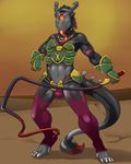  2015 anthro armor barefoot black_fur black_hair black_skin claws clothed clothing demon desert english_text fur hair long_tongue male markings navel nightfaux outside red_fur red_hair reko sand skull solo text thong toe_claws tongue unconvincing_armor video_games warcraft whip world_of_warcraft 