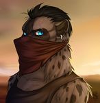  anthro bandanna black_hair blue_eyes brown_fur clothed clothing dimikendal101 ear_piercing fur hair hyena male mammal notched_ear outside piercing scar solo spots 