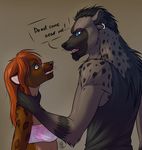  anthro black_hair blue_eyes brown-hair brown_fur canine choking clothed clothing dimikendal101 duo ear_piercing english_text fangs female fur hair half-closed_eyes hyena male mammal notched_ear open_mouth piercing scar simple_background spots teeth text tongue 