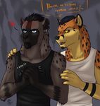  anthro black_hair brown_fur canine clothed clothing dimikendal101 duo ear_piercing fangs fur grey_fur hair half-closed_eyes hyena male mammal notched_ear open_mouth piercing scar simple_background smile standing teeth text tongue 