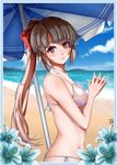  beach beach_umbrella bikini blue_sky breasts brown_eyes brown_hair cloud collarbone covered_nipples day flower from_side hair_ribbon hands_clasped highres long_hair looking_at_viewer medium_breasts mono_kuroma original outdoors own_hands_together parted_lips ponytail ribbon see-through side-tie_bikini sky smile solo string_bikini swimsuit umbrella upper_body 