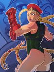  ahoge antenna_hair ass beret blonde_hair blue_eyes braid breasts cammy_white clenched_hand commentary derivative_work english_commentary fighting_stance fingerless_gloves gloves green_leotard harness hat highres huge_ahoge leotard lips long_hair medium_breasts nose outline royce_southerland scar solo street_fighter street_fighter_v thigh_pouch thong_leotard toned twin_braids very_long_hair white_outline zoom_layer 