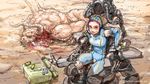 1girl blood bodysuit breasts crotch_plate darren_geers death deathclaw fallout forehead green_eyes guro knee_pads looking_at_viewer pink_hair power_armor solo_focus 