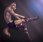  abs anthro brown_fur canine clothed clothing dimikendal101 fox fur half-closed_eyes half-dressed invalid_tag legwear male mammal navel nipples simple_background sitting solo stockings tongue tongue_out topless 