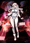  airfield_hime ankle_boots bare_shoulders black_panties boots breasts covered_navel glowing glowing_eyes highres horns kantai_collection large_breasts leotard long_hair looking_at_viewer pale_skin panties rathke red_eyes shinkaisei-kan underwear white_footwear white_hair 