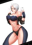  2015 abs ah-lyong_lee ahoge angel_(kof) bare_shoulders black_jacket black_panties blue_bra blue_eyes blue_gloves blush bra breasts cellphone chaps cleavage covered_nipples cropped_jacket dated fingerless_gloves gloves hair_over_one_eye heart highres holding index_finger_raised jacket jacket_lift large_breasts lifted_by_self navel panties phone self_shot short_hair silver_hair simple_background sleeves_folded_up solo standing taking_picture the_king_of_fighters toned underboob underwear white_background white_hair 