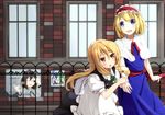  ad alice_margatroid apron arm_holding bent_over black_skirt black_vest blonde_hair blue_dress blue_eyes blush braid brick brown_eyes building capelet child_drawing cirno collared_shirt daiyousei day denroku_(nokishita_no_katatsumuri) dress fence hair_between_eyes hairband highres kirisame_marisa long_hair long_skirt multiple_girls no_hat no_headwear open_mouth poster_(object) ribbon shameimaru_aya shiny shiny_hair shirt short_hair single_braid skirt sunlight touhou vest 