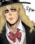  bad_id bad_pixiv_id blonde_hair checkered facial_scar formal hat jojo_no_kimyou_na_bouken long_hair male_focus motoi_(spieler) neck_ribbon phantom_blood ribbon robert_eo_speedwagon scar scar_on_cheek solo suit tears top_hat upper_body yellow_eyes 