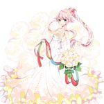  alternate_costume arishiki bare_shoulders beads bouquet breasts cleavage dress elbow_gloves floral_background flower frills full_body gloves gradient green_eyes hair_flower hair_ornament hair_ribbon holding holding_bouquet kantai_collection long_dress long_hair looking_at_viewer medium_breasts pink_hair ponytail red_ribbon ribbon solo strapless strapless_dress wedding_dress white_dress white_gloves white_ribbon yura_(kantai_collection) 