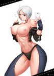  2015 abs ah-lyong_lee ahoge angel_(kof) bare_shoulders black_jacket black_panties blue_bra blue_eyes blue_gloves blush bra breasts cellphone chaps cleavage cropped_jacket dated fingerless_gloves gloves hair_over_one_eye heart highres holding index_finger_raised jacket jacket_lift large_breasts lifted_by_self navel nipples no_bra no_shirt panties phone self_shot short_hair silver_hair simple_background sleeves_folded_up solo standing taking_picture the_king_of_fighters toned underwear white_background white_hair 