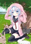  :d animal_hood black_legwear blue_eyes blush bunny cardigan collarbone grass hibiki_(kantai_collection) hood kantai_collection leaf loafers long_hair long_sleeves neckerchief on_ground open_cardigan open_clothes open_mouth outdoors pleated_skirt school_uniform serafuku shira_ichigo_(ichigohou) shirt shoes silver_hair sitting skirt smile solo thighhighs tree wariza 