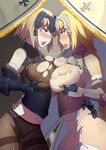 after_kiss armor bare_shoulders black_legwear blonde_hair blue_eyes blush braid breast_hold breast_press breasts chain covered_nipples crotch_seam dark_persona dual_persona eye_contact fate/apocrypha fate/grand_order fate_(series) fur_trim garter_belt gauntlets headpiece jeanne_d'arc_(alter)_(fate) jeanne_d'arc_(fate) jeanne_d'arc_(fate)_(all) large_breasts lips long_hair looking_at_another multiple_girls nanaya_(daaijianglin) navel panties panties_under_pantyhose pantyhose saliva saliva_trail selfcest shiny shiny_clothes shiny_skin single_braid symmetrical_docking thighband_pantyhose thighhighs tongue tongue_out torn_clothes underwear yellow_eyes yuri 
