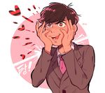  alternate_costume artist_name bad_id bad_twitter_id blush circle derivative_work formal hands_on_own_cheeks hands_on_own_face heart heart-shaped_pupils korean male_focus matsuno_todomatsu necktie o2_(o2mm) osomatsu-kun osomatsu-san smile solo suit symbol-shaped_pupils twitter_username upper_body 