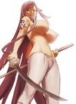  774_(nanashi) arm_strap breasts brown_eyes from_below huge_breasts katana long_hair navel nipples pants puffy_nipples purple_hair sagiri_yuuko simple_background smile solo sword tight tight_pants topless triage_x unsheathed very_long_hair weapon white_background 