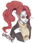  artist_name black_jacket blue_skin character_name eyepatch fangs grin hair_over_one_eye head_fins highres jacket leather leather_jacket long_sleeves looking_at_viewer monster_girl open_clothes open_jacket parted_lips piikoarts ponytail red_hair simple_background smile solo teeth turtleneck undertale undyne upper_body white_background yellow_sclera 