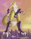  2015 anthro balls black_penis black_sclera building canine city claws clothed clothing cloud digimon fox fur gloves half-dressed legwear low-angle_shot macro male mammal navel outside penis purple_eyes renamon size_difference skimpy sky spectrumshift thong toe_claws topless tuft white_fur yellow_fur 