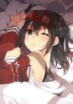  ;o bare_shoulders blanket blindfold blindfold_lift blush brown_eyes brown_hair hair_between_eyes kantai_collection koruri lips long_hair looking_at_viewer lying messy_hair off_shoulder on_side one_eye_closed open_clothes open_mouth parted_lips red_blindfold sendai_(kantai_collection) sleep_mask sleepy solo tassel two_side_up under_covers unzipped waking_up 