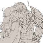  2girls blush cheek_kiss closed_eyes dl fire_emblem fire_emblem_if kiss monochrome multiple_girls ophelia_(fire_emblem_if) soleil_(fire_emblem_if) spoken_exclamation_mark surprise_kiss surprised yuri 