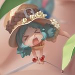  &gt;_&lt; b.bor blue_hair blurry blush bracelet closed_eyes depth_of_field hat jewelry leaf multiple_girls one_piece open_mouth strap_pull viola_(one_piece) water wicca 