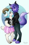  2015 anthro bleatley blue_background canine caprine chest_tuft clothed clothing duo female fur goat half-closed_eyes hand_holding horn male male/female mammal purple_fur simple_background smile standing tuft white_background white_fur wolf 