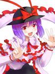  bent_over bow breasts capelet double_v hat hat_bow highres large_breasts looking_at_viewer mono_(moiky) nagae_iku open_mouth pose purple_hair red_eyes shawl shirt skirt smile solo touhou v 