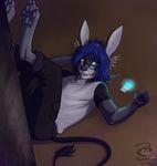  anthro blue_hair clothed clothing dimikendal101 eyewear fur glasses grey_fur hair half-closed_eyes headphones heterochromia hindpaw lagomorph lying male mammal on_back pawpads paws rabbit signature simple_background smile solo teeth 