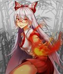  adapted_costume bespectacled bow fire fujiwara_no_mokou glasses hair_bow kevn long_hair red-framed_eyewear red_eyes silver_hair skirt solo touhou very_long_hair 